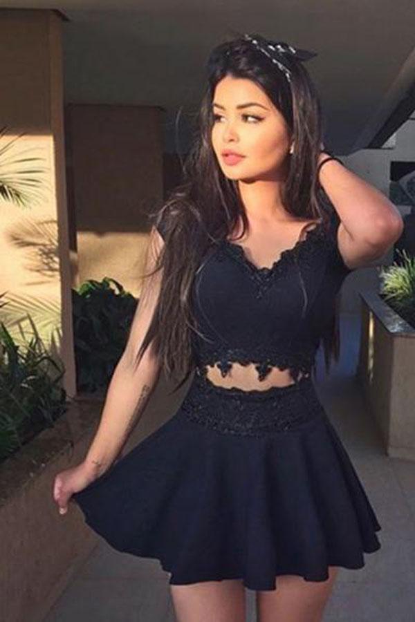 Cap Sleeves V Neck Black Homecoming Dress Party Dress With Lace Applique PG179 - Pgmdress