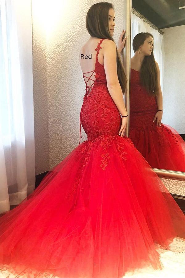 Red Lace Uniqe Design Open Back Elegant Formal Mermaid Long Prom