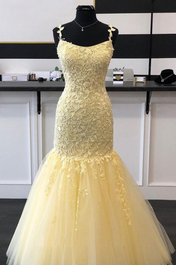 Mermaid Champagne Tulle Lace Long Prom Dress Evening Dress PSK169  Pgmdress