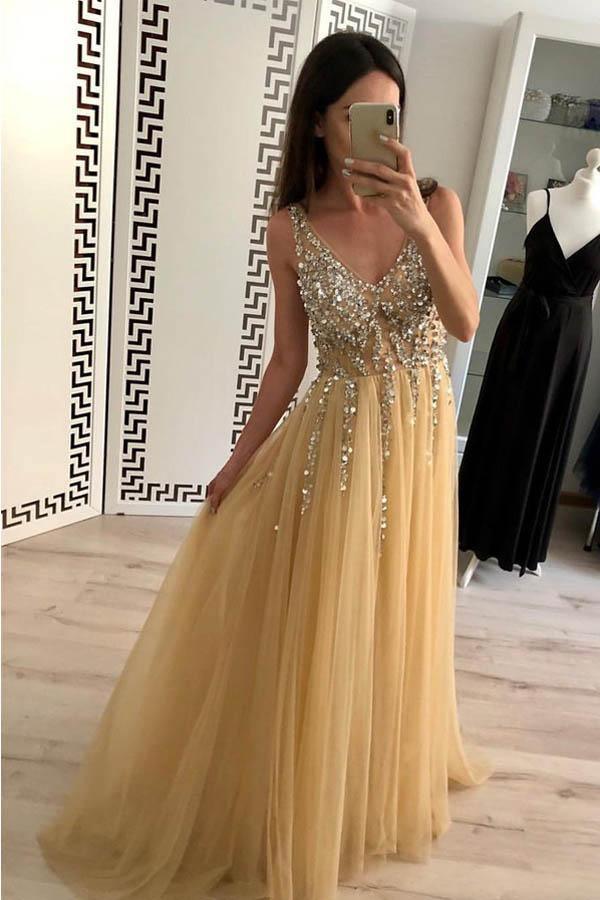 Charming A Line Tulle V Neck Floor Length Prom/Evening Dresses Beads PG907 - Pgmdress