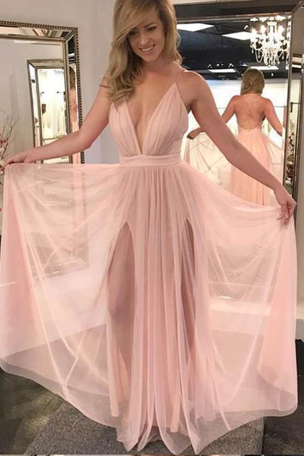Charming A Line V Neck Backless Chiffon Slit Pink Prom Dress PG710 US4 / Custom Color Charming A Line V Neck Backless Chiffon Slit Pink Prom Dress PG710 US4 / Custom Color