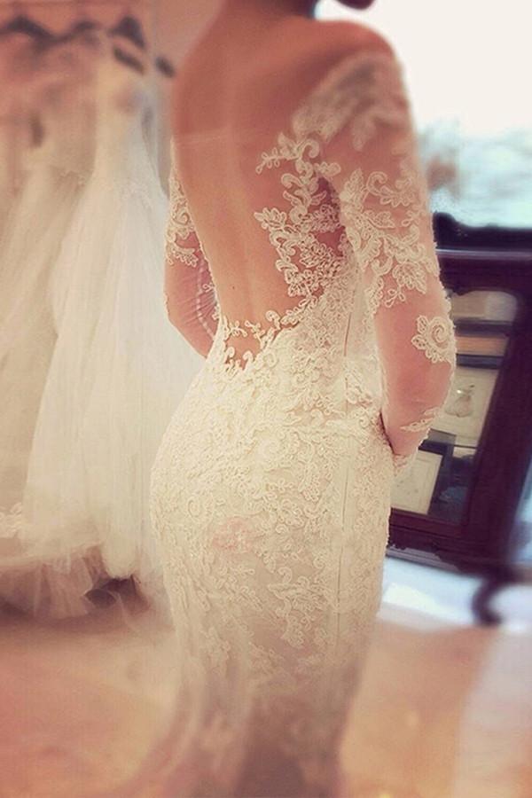 Charming Off The Shoulder Long Sleeves Lace Mermaid Wedding Dress WD018 - Pgmdress