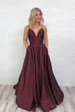 Charmante robe de bal bordeaux en satin à col en V et robe de soirée PG671