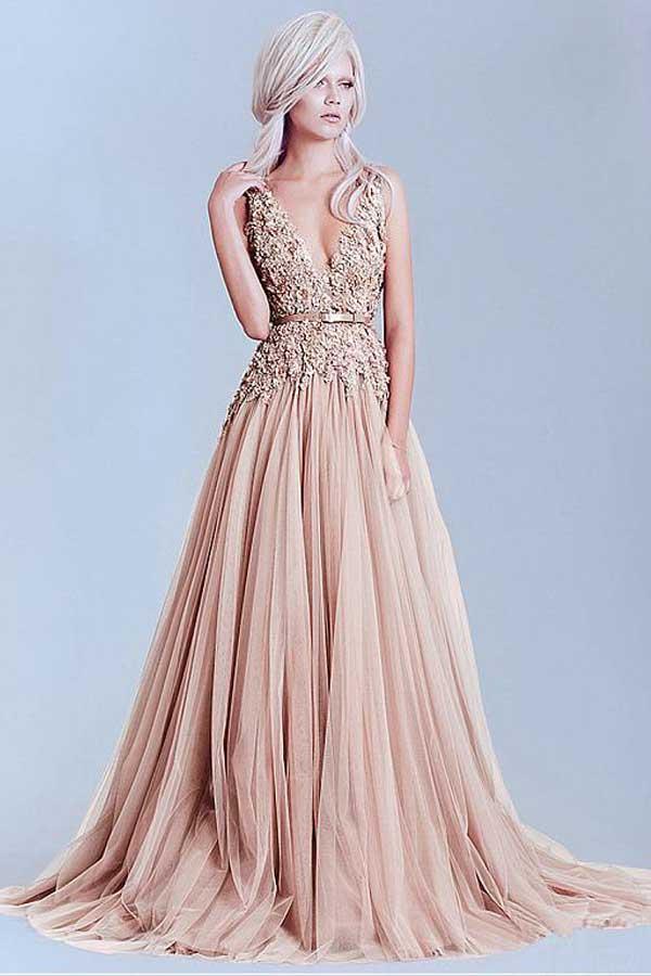 Charming Tulle V-Neck A-Line Evening Dresses With Lace Appliques PG504 - Pgmdress