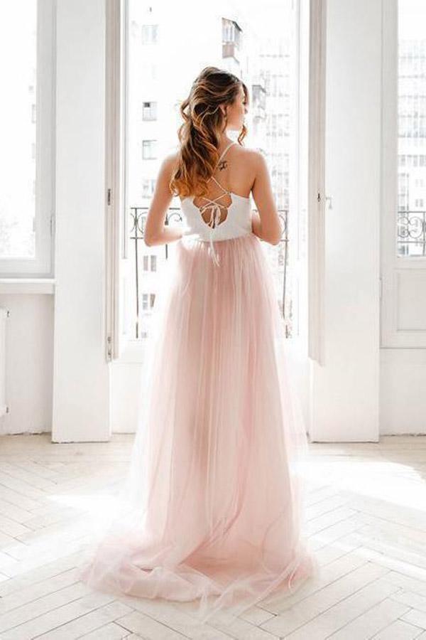Light Pink Wedding Dresses Spaghetti Strap Tulle Beach Wedding Dress WD338- Pgmdress