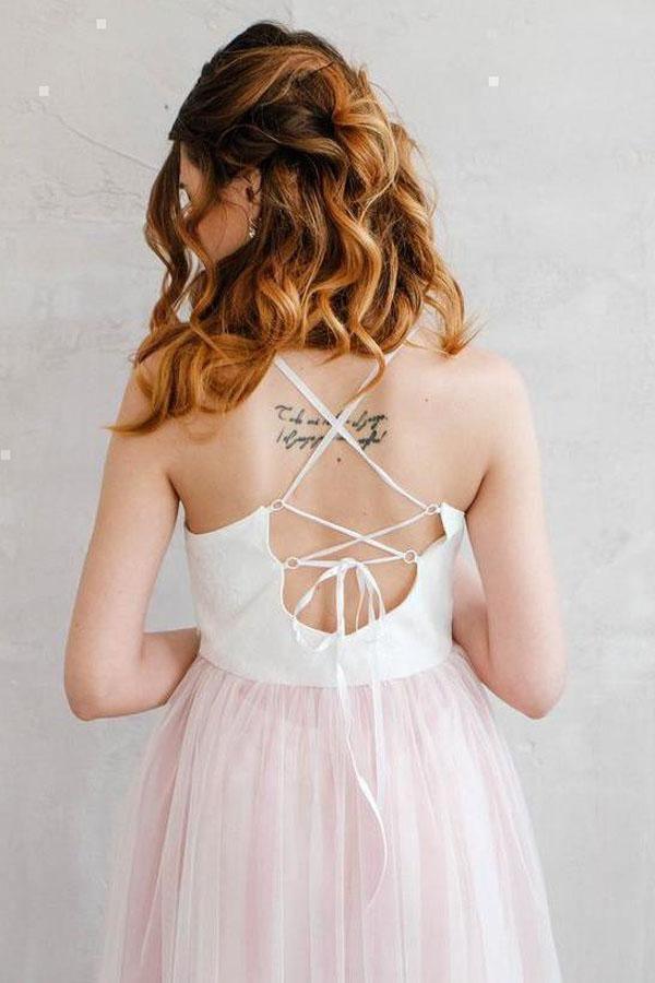 Light Pink Wedding Dresses Spaghetti Strap Tulle Beach Wedding Dress WD338- Pgmdress