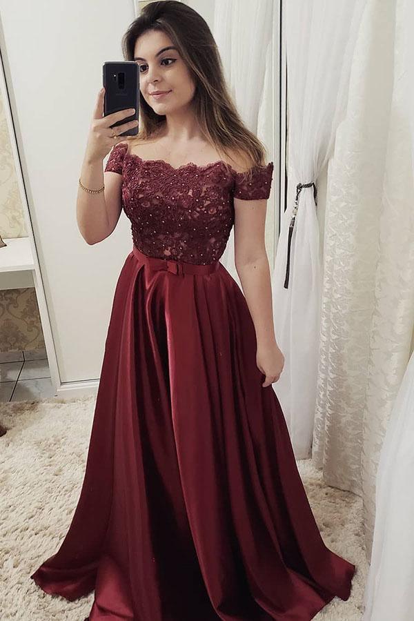 Chic Burgundy Off Shoulder Floor Length Satin Lace Prom Dresses PG897