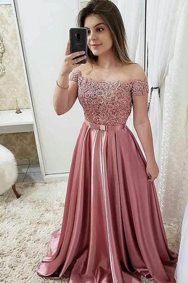 Chic Burgundy Off Shoulder Floor Length Satin Lace Prom Dresses PG897 - Pgmdress