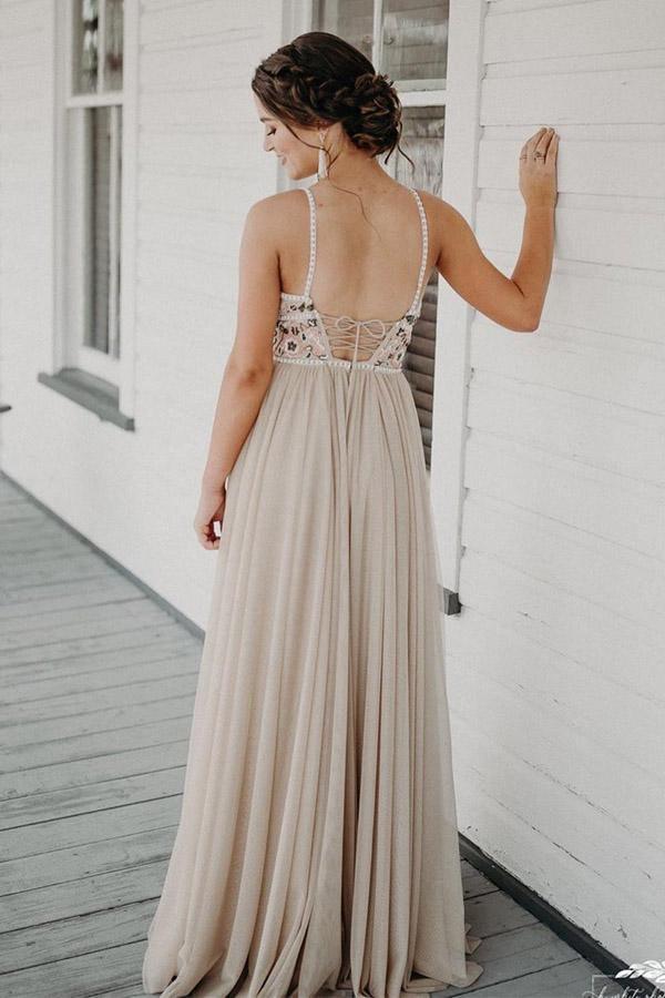 Chic Spaghetti Straps Low Back A Line Long Evening Dress PSK083 - Pgmdress