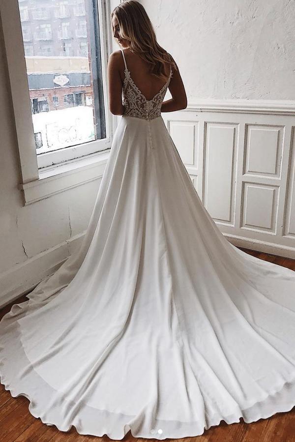 Chiffon A-line V-neck Lace Spaghetti Straps Wedding Dress with Sweep Train WD343 - Pgmdress