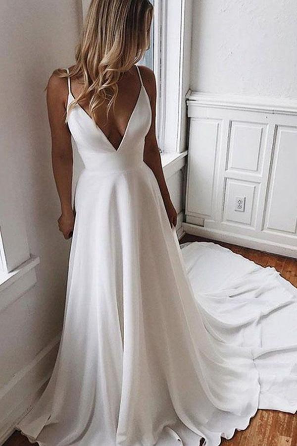 Chiffon A-line V-neck Beach Wedding Dress with Sweep Train WD343 US12 / Ivory Chiffon A-line V-neck Beach Wedding Dress with Sweep Train WD343 US12 / Ivory