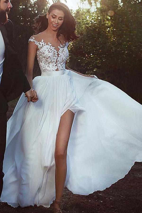 Chiffon Jewel Neckline A-line Wedding Dress With Lace Appliques WD252 - Pgmdress