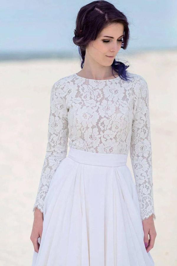 Chiffon Lace Long Sleeve White Zipper Beach Wedding/Bridal Dress WD451 - Pgmdress