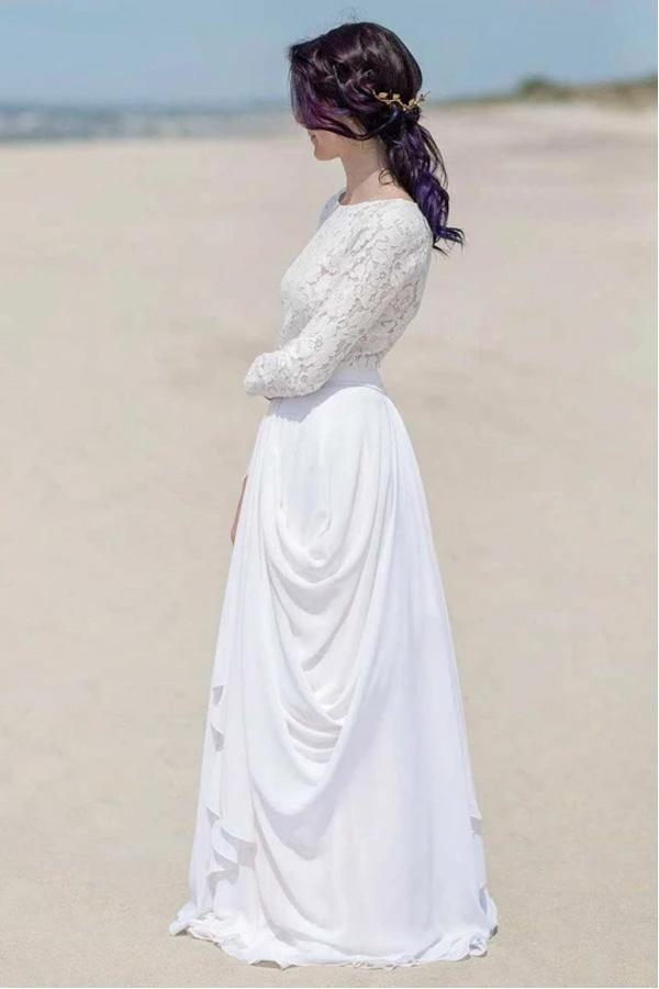 Chiffon Lace Long Sleeve White Zipper Beach Wedding/Bridal Dress WD451 - Pgmdress