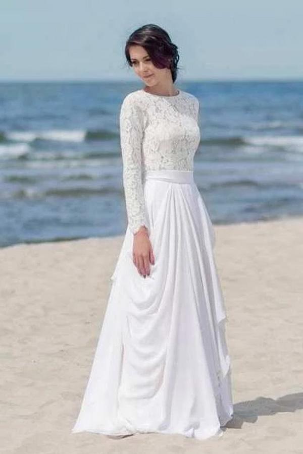 Chiffon Lace Long Sleeve White Zipper Beach Wedding/Bridal Dress WD451 - Pgmdress