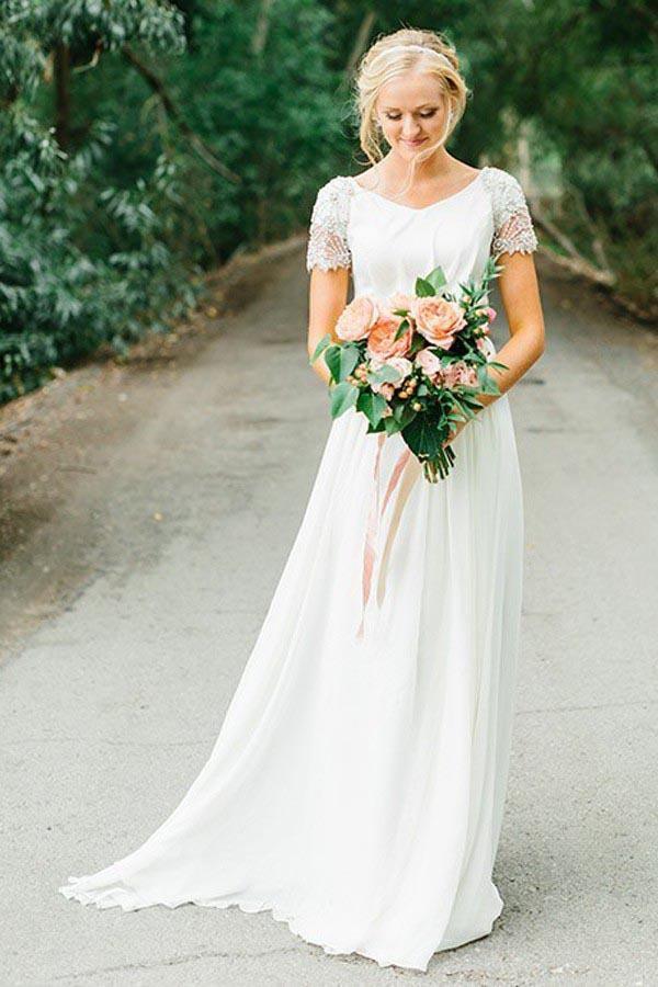 Chiffon V-neck Neckline A-line Wedding Dress With Beadings Pgmdress Chiffon V-neck Neckline A-line Wedding Dress With Beadings Pgmdress
