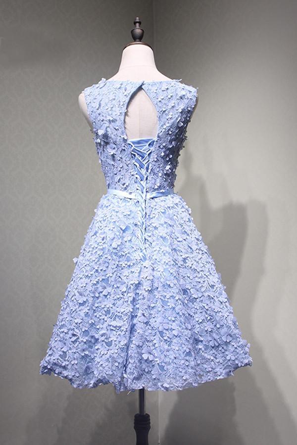 Crew Knee-Length Open Back Appliques Blue Lace Homecoming Dress PG114 - Pgmdress
