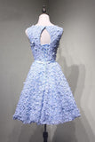 Crew Knee-Length Open Back Appliques Blue Lace Homecoming Dress PG114 - Pgmdress