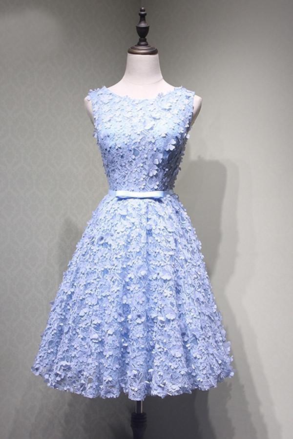 Crew Knee-Length Open Back Appliques Blue Lace Homecoming Dress PG114 - Pgmdress