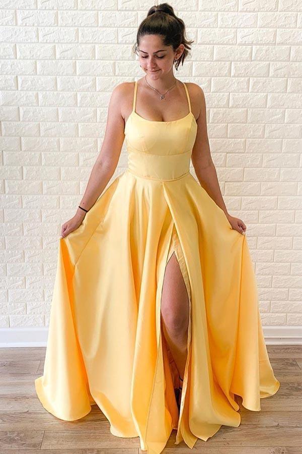 Criss Cross A-Line Straps Satin Yellow Long Prom Dress with Slit PM238 - Pgmdress