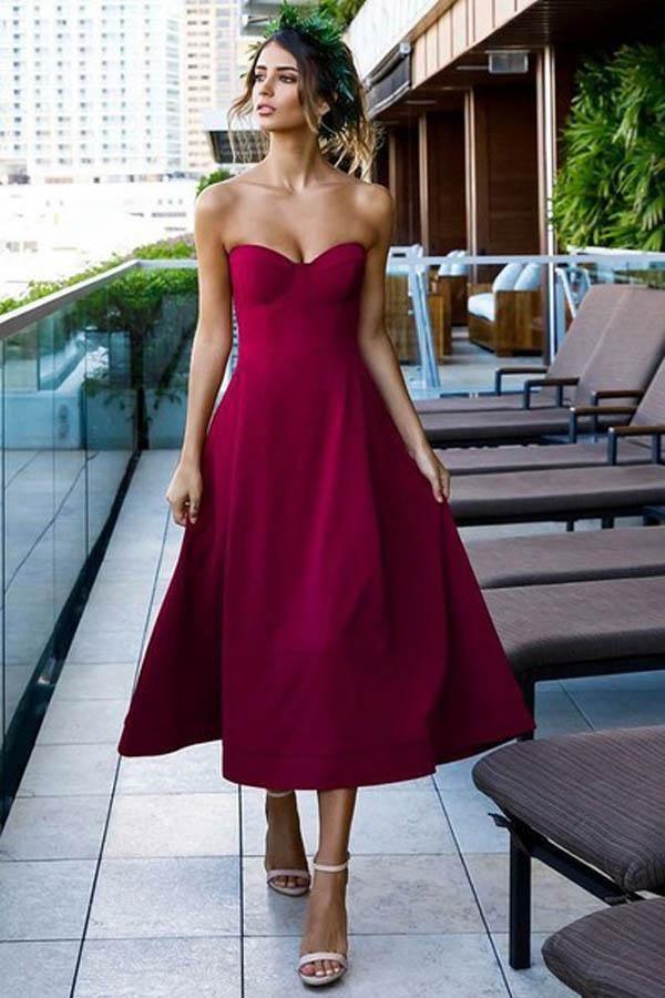 Cute Tea Length Grape Satin A-Line Sweetheart Prom Party Dress PD296 - Pgmdress