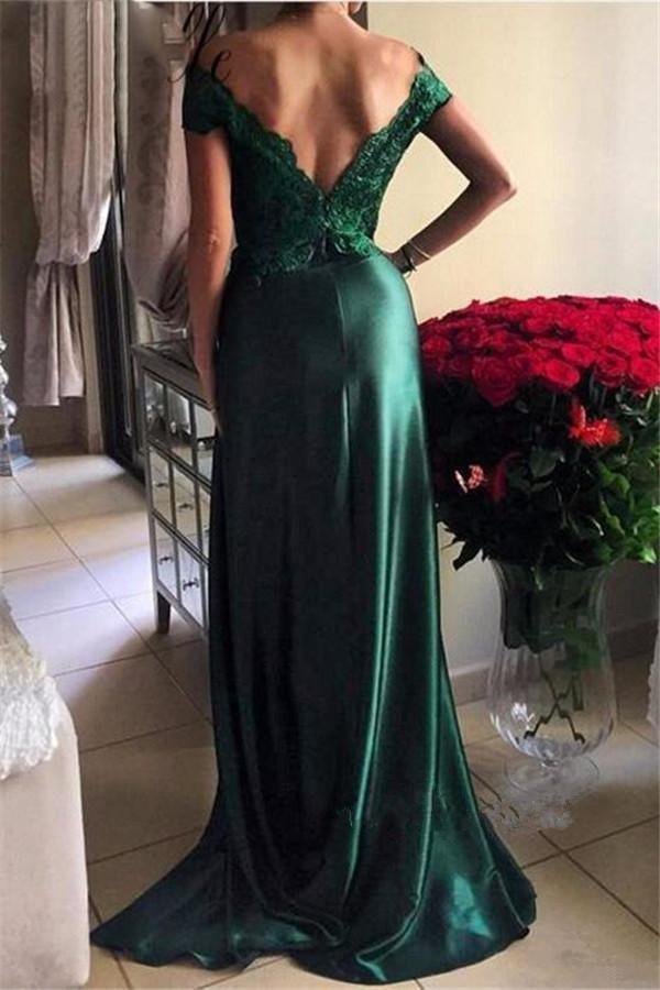 Dark Green Prom Dresses Off-the-shoulder Split Evening Dresses PSK172 - Pgmdress