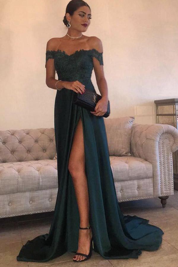 Dark Green Prom Dresses Off-the-shoulder Split Evening Dresses US10 / Dark Green Dark Green Prom Dresses Off-the-shoulder Split Evening Dresses US10 / Dark Green