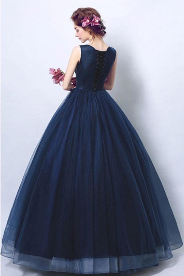 Dark Navy Blue Ball Gown Formal Prom Dress With Applique PG698 - Pgmdress