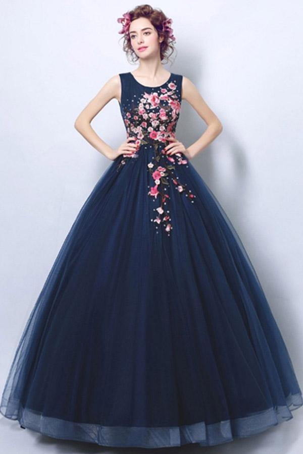 Dark Navy Blue Ball Gown Formal Prom Dress With Applique – Pgmdress