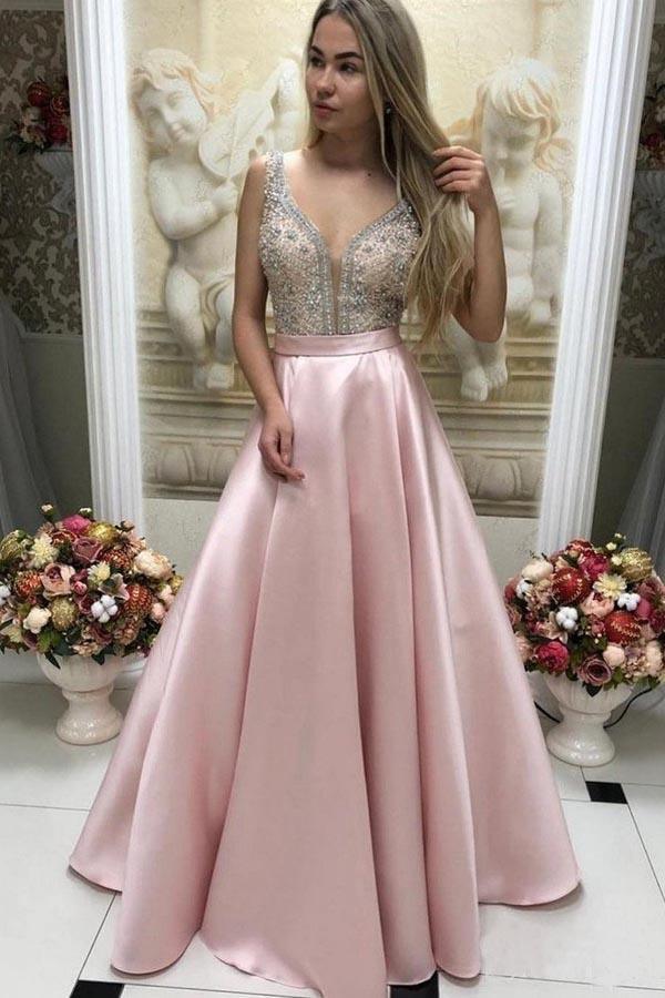 Deep V-neck Beaded Pink Satin Prom Dress with Pocket PG938 US2 / Pink Deep V-neck Beaded Pink Satin Prom Dress with Pocket PG938 US2 / Pink