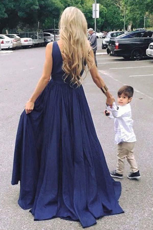 Deep V-Neck Floor-Length Royal Blue Taffeta Prom Dress with Pockets PG465 - Pgmdress