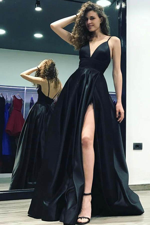 Deep V-Neck Split Side Black Sweep Train Satin Backless Prom Dress US0 / Black Deep V-Neck Split Side Black Sweep Train Satin Backless Prom Dress US0 / Black