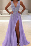 Deep V-Neck Sweep Train Sleeveless Tulle Prom Dress with Beading PG453 - Pgmdress