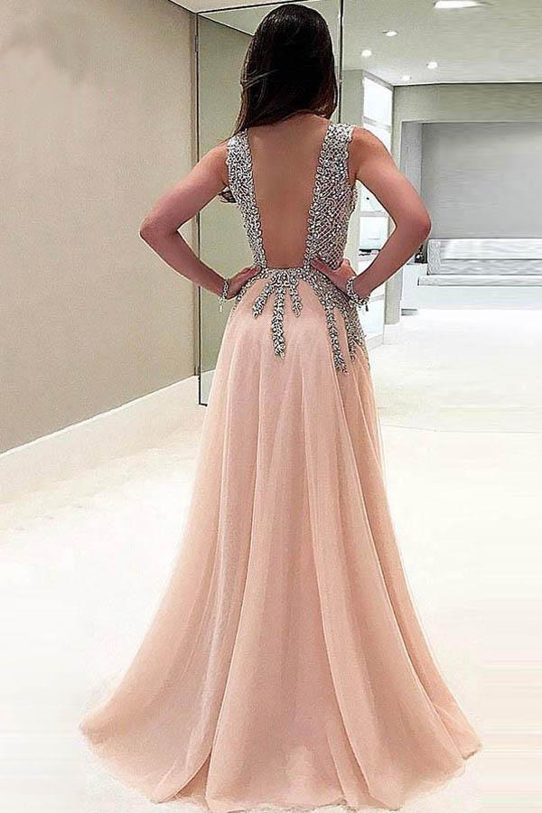 Deep V-Neck Sweep Train Sleeveless Tulle Prom Dress with Beading PG453 - Pgmdress