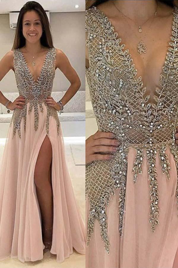 Deep V-Neck Sweep Train Sleeveless Tulle Prom Dress with Beading PG453 - Pgmdress