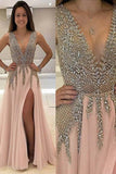 Deep V-Neck Sweep Train Sleeveless Tulle Prom Dress with Beading PG453 - Pgmdress