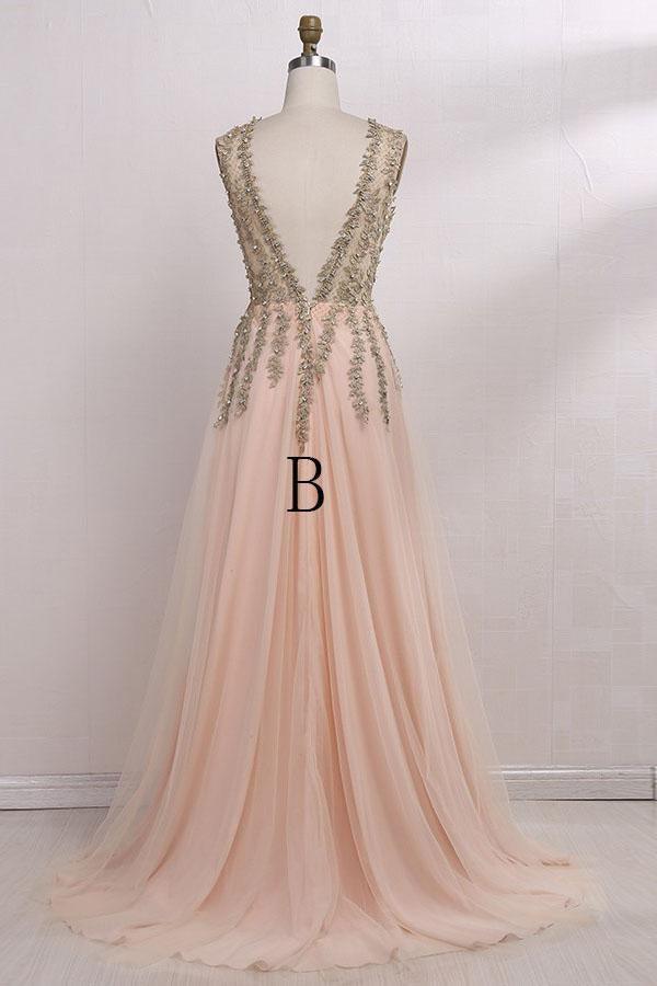 Deep V-Neck Sweep Train Sleeveless Tulle Prom Dress with Beading PG453 - Pgmdress
