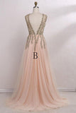 Deep V-Neck Sweep Train Sleeveless Tulle Prom Dress with Beading PG453 - Pgmdress