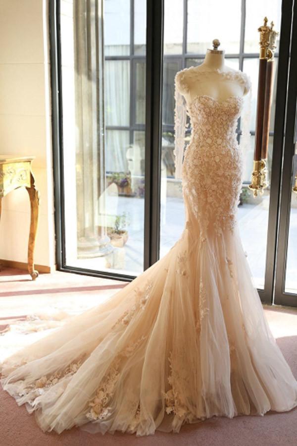 Designer Open Back Sheer Flowers Long Sleeve Mermaid Wedding Dress WD101 - Pgmdress
