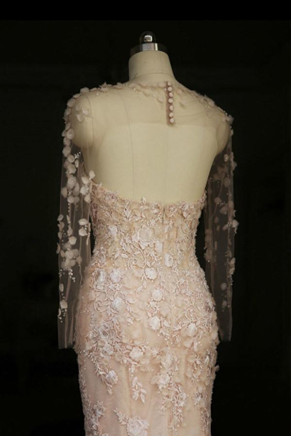 Designer Open Back Sheer Flowers Long Sleeve Mermaid Wedding Dress WD101 - Pgmdress
