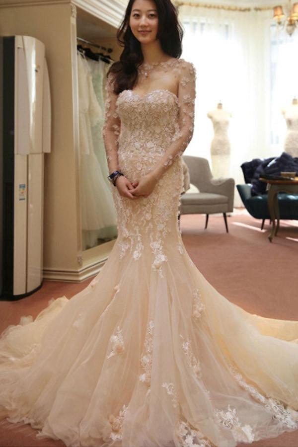 Open Back Sheer Long Sleeve Mermaid Flowers Wedding Dress WD101 US14 / Champagne Open Back Sheer Long Sleeve Mermaid Flowers Wedding Dress WD101 US14 / Champagne