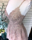 Dusty Blush Tulle Spaghetti Straps V-Neck A-Line Homecoming Dress PD359 - Pgmdress