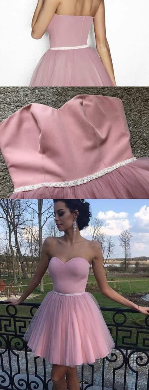 Dusty Pink Tulle Sweetheart Strapless With Beaded Sash Homecoming Dresses PD341 - Pgmdress