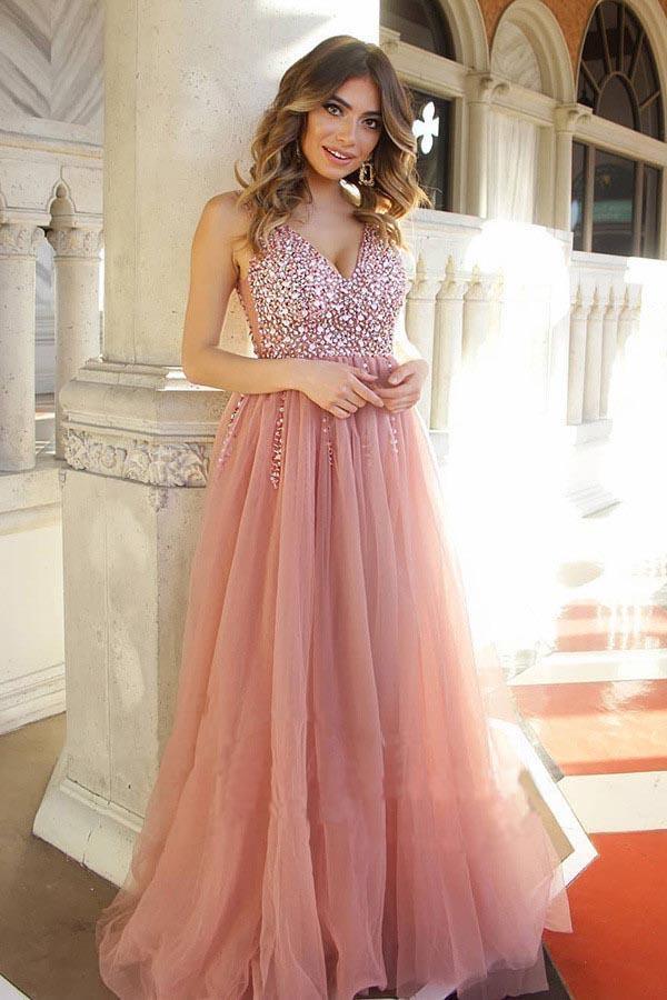 Dusty Rose Tulle Beaded Long Prom Dress with Lace Up Back PG843 Custom Size / Dusty Rose Dusty Rose Tulle Beaded Long Prom Dress with Lace Up Back PG843 Custom Size / Dusty Rose