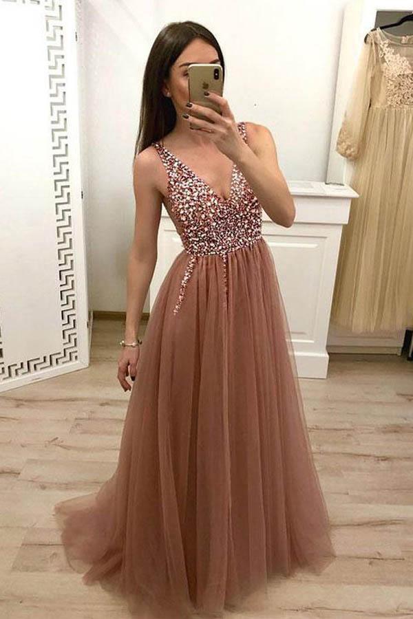 Dusty Rose Tulle Beaded Long Prom Dress with Lace Up Back PG843 US14 / Blush Pink Dusty Rose Tulle Beaded Long Prom Dress with Lace Up Back PG843 US14 / Blush Pink