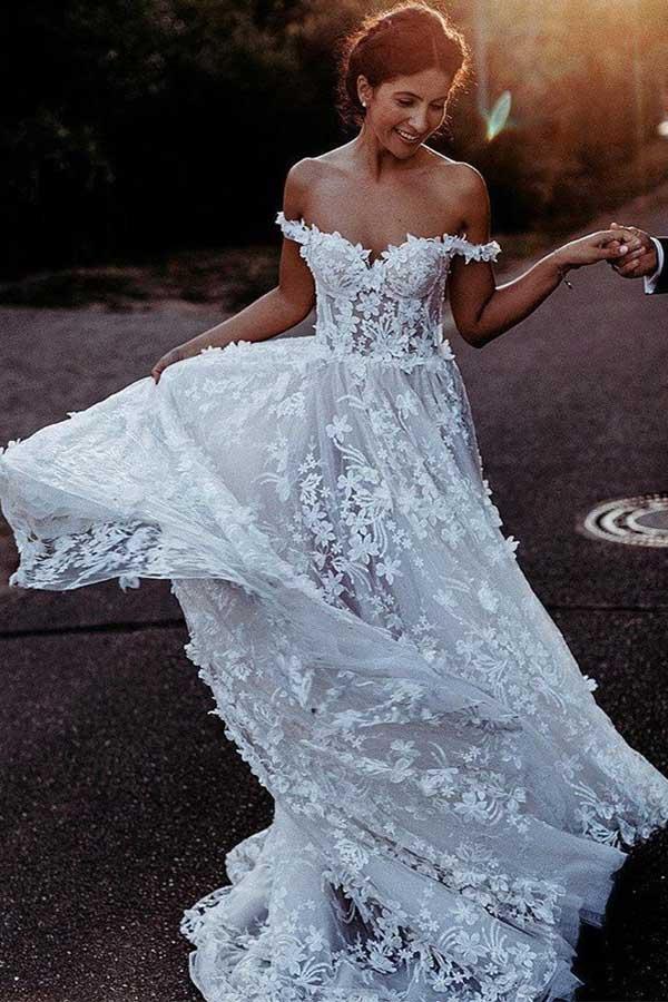 Elegant A-Line Off Shoulder White Tulle Wedding Dress with Appliques WD337 - Pgmdress