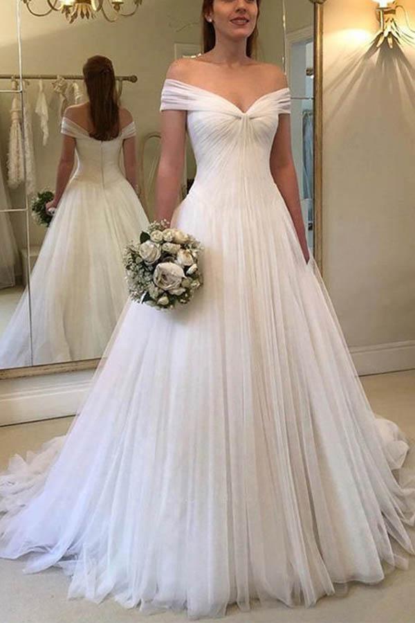 Elegant A-line Off the Shoulder Tulle Ivory Long Wedding Dresses WD326 - Pgmdress