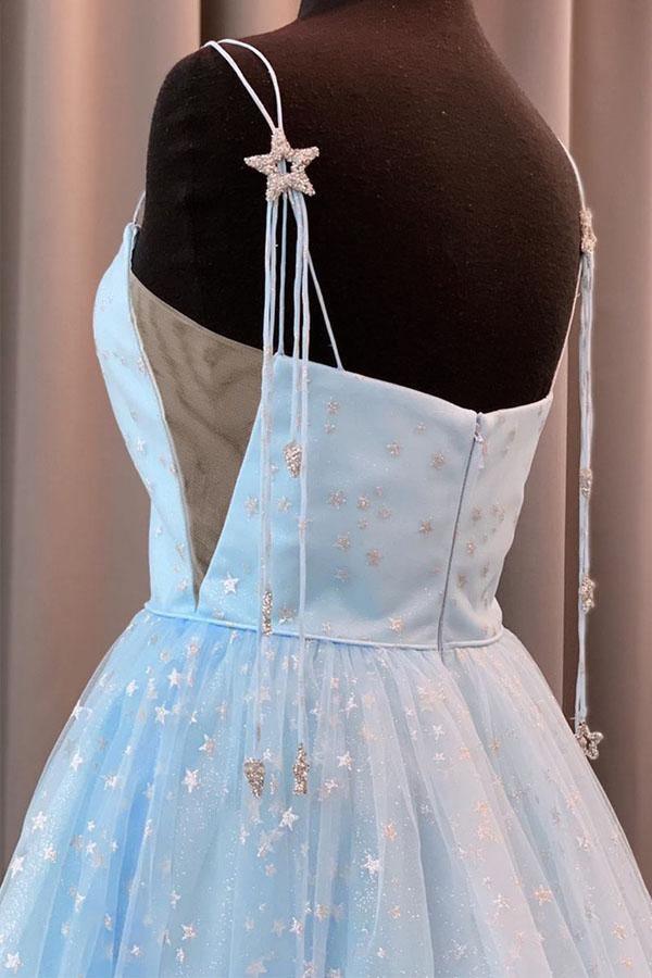 Elegant A-Line Straps Light Blue Long Prom Dress with Stars PSK129 - Pgmdress