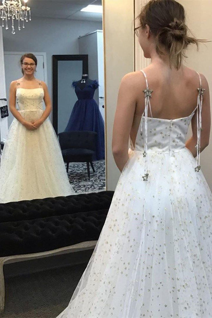 Elegant A-Line Straps Light Blue Long Prom Dress with Stars PSK129 - Pgmdress