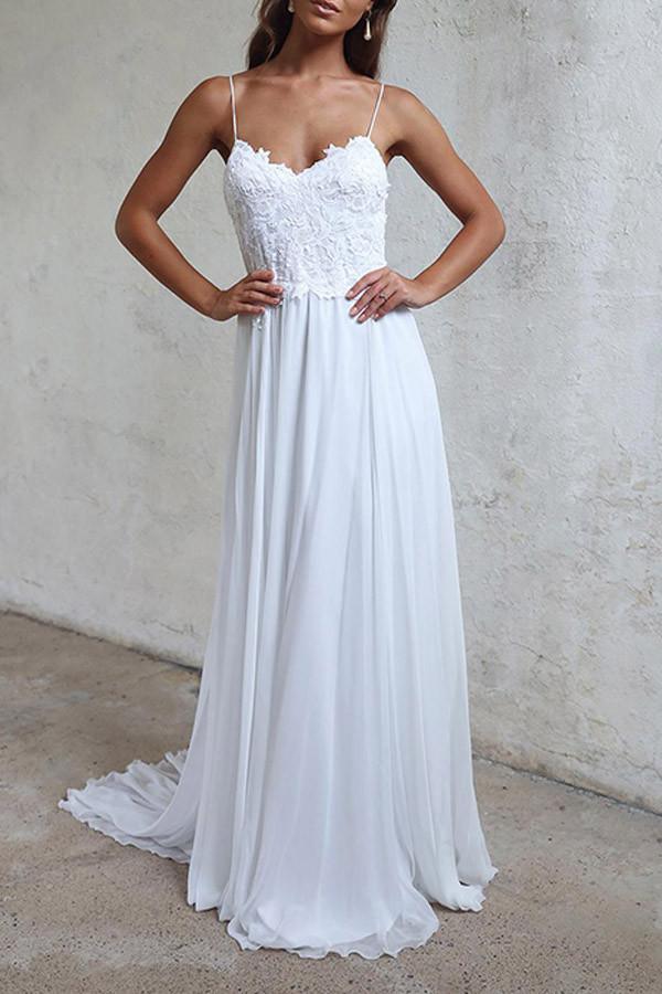 Elegant A-Line Straps White Long Chiffon Beach Wedding Dress WD102 US2 / Black Elegant A-Line Straps White Long Chiffon Beach Wedding Dress WD102 US2 / Black
